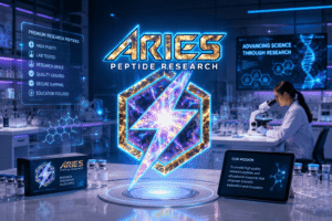 Futuristic Aries Peptide Research laboratory with glowing biotech logo, advanced peptide research equipment, holographic molecular displays, scientist analyzing samples under neon blue and purple lighting, and premium research peptide branding in a high-tech scientific environment.