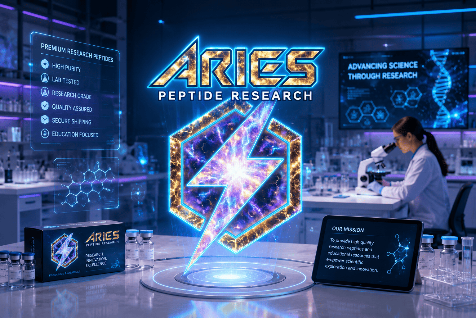 Futuristic Aries Peptide Research laboratory with glowing biotech logo, advanced peptide research equipment, holographic molecular displays, scientist analyzing samples under neon blue and purple lighting, and premium research peptide branding in a high-tech scientific environment.
