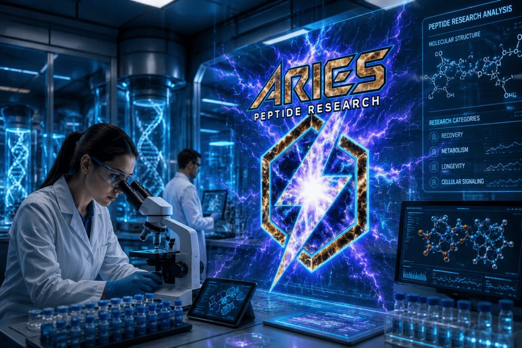 Futuristic biotechnology laboratory interior with a scientist in a white lab coat using a microscope, surrounded by holographic DNA structures and glowing research displays. In the center, a large illuminated “ARIES PEPTIDE RESEARCH” logo with a lightning-bolt emblem appears as the focal highlight against an electric, neon sci-fi energy background.