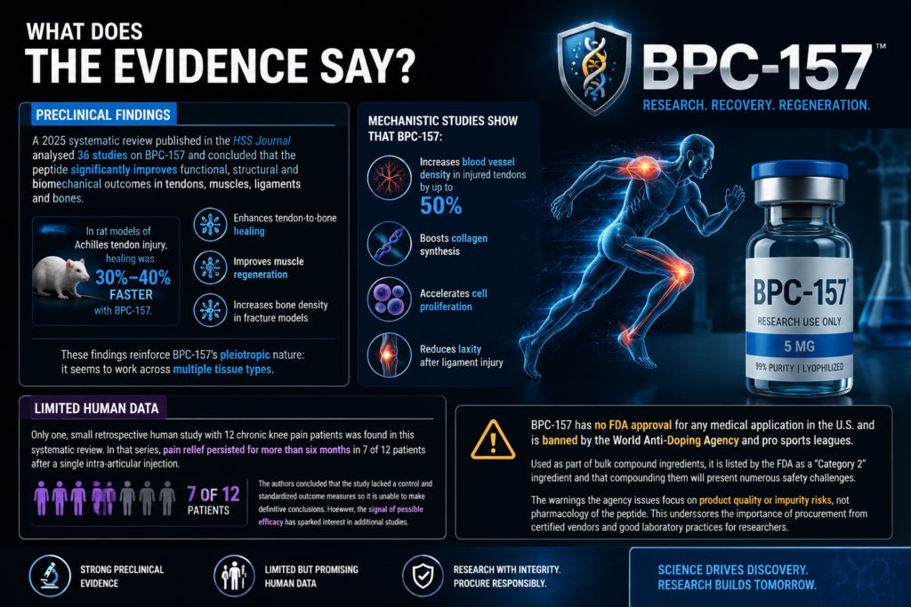 Landscape infographic illustrating the scientific evidence for BPC‑157, including preclinical findings with faster tendon healing, improved muscle regeneration, increased bone density, mechanistic insights on blood vessel growth, collagen synthesis, cell proliferation, limited human study results, FDA and doping warnings, and the peptide logo highlighted in a futuristic medical research style.