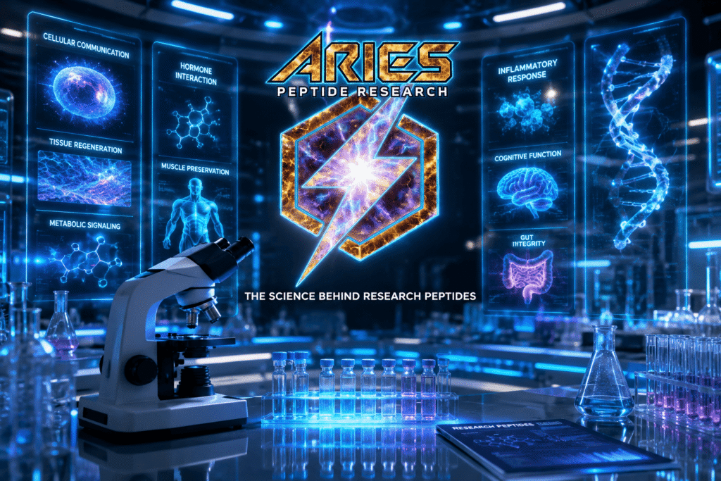 A futuristic biotechnology laboratory scene featuring the “ARIES Peptide Research” logo prominently displayed in a glowing, high-tech style. The environment includes holographic scientific interfaces, DNA visuals, microscopes, and lab equipment, highlighting themes of peptide research, cellular biology, and advanced medical science in a neon blue and purple digital setting.