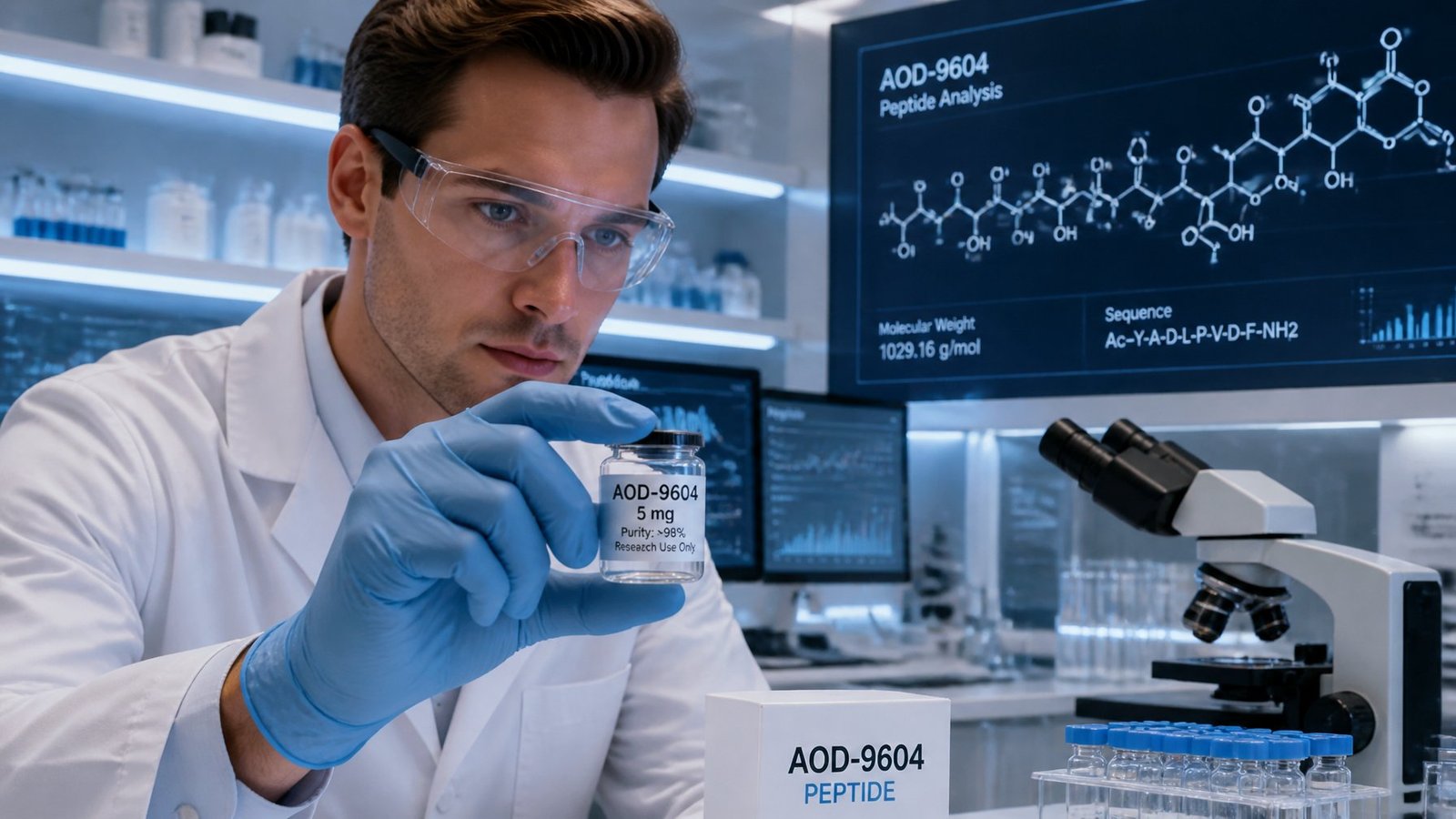 AOD-9604 research chemical peptide vial in laboratory analysis