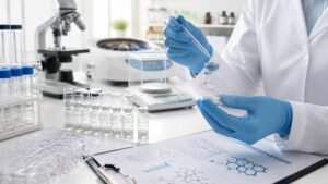 Laboratory researcher testing BPC-157 research peptide purity and quality using a vial and pipette.