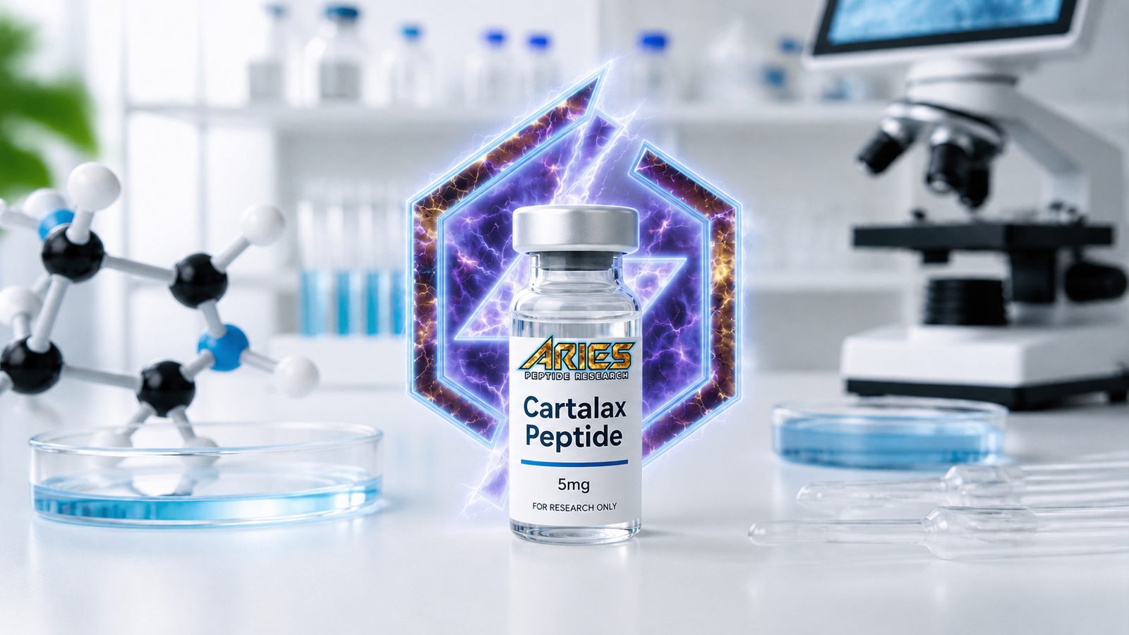 Cartalax Peptide vial with ARIES Peptide Research logo in a futuristic laboratory setting.
