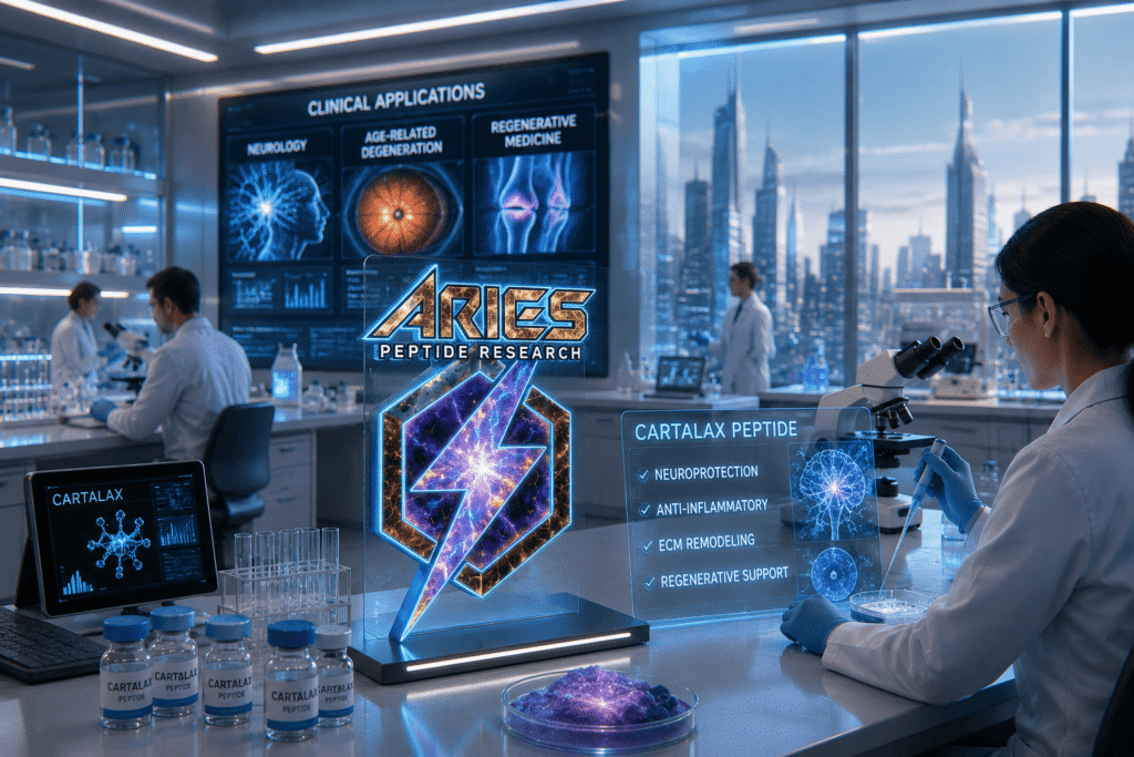 A futuristic biomedical research laboratory illuminated with cool blue lighting and panoramic city views in the background. In the center, a glowing ARIES Peptide Research logo with a lightning-bolt emblem is displayed as a holographic centerpiece. Scientists in white lab coats work at microscopes and laboratory stations surrounded by vials, test tubes, and digital displays. A transparent holographic panel highlights Cartalax Peptide research areas, including neuroprotection, anti-inflammatory effects, extracellular matrix remodeling, and regenerative support. Large digital screens showcase clinical applications such as neurology, age-related degeneration, and regenerative medicine, emphasizing advanced peptide research and next-generation biotechnology.