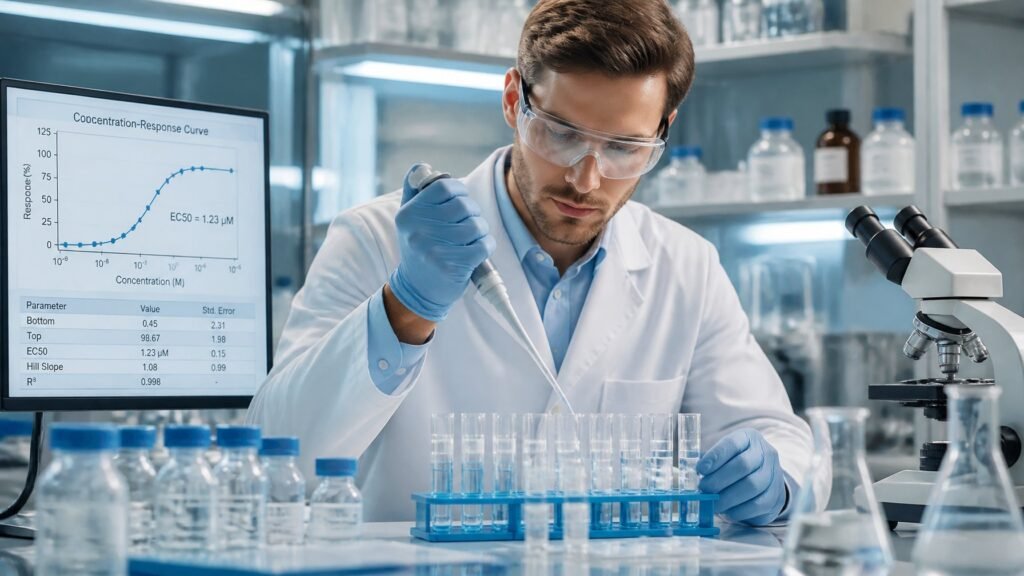 Laboratory researcher conducting an in vitro peptide concentration-response study with test tubes, microscope, and analytical data