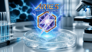 Aries Peptide Research logo glowing above a petri dish in a futuristic lab with microscope and test tubes.