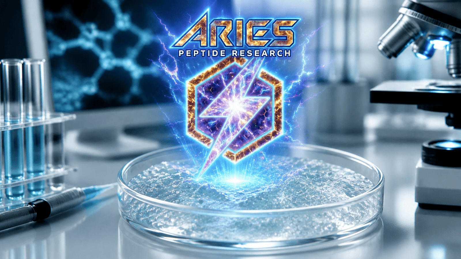 Aries Peptide Research logo glowing above a petri dish in a futuristic lab with microscope and test tubes.