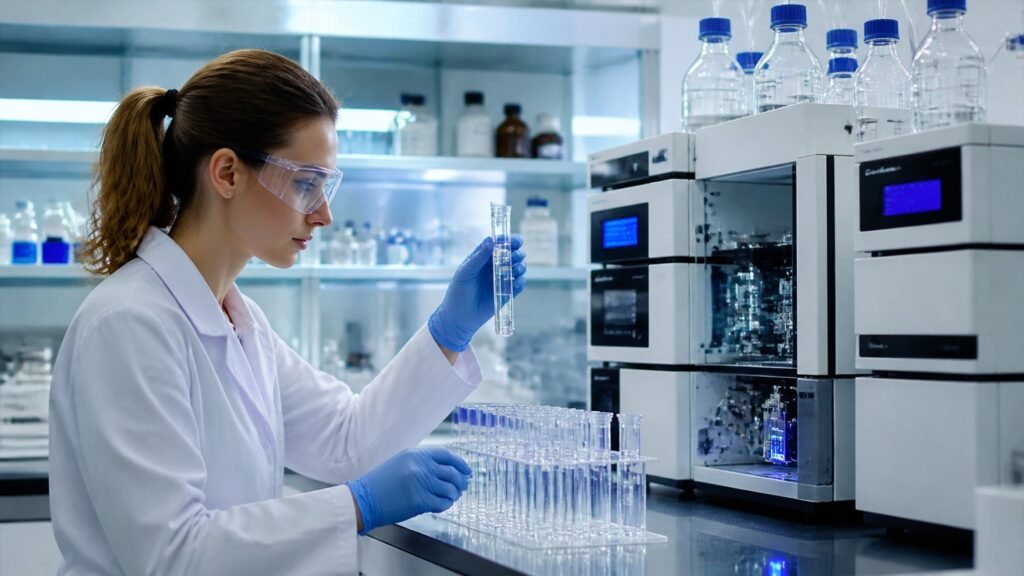 Laboratory scientist testing a peptide sample beside HPLC equipment for a peptide Certificate of Analysis.