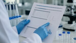 Scientist reviewing a peptide Certificate of Analysis (COA) with HPLC purity data in a laboratory.