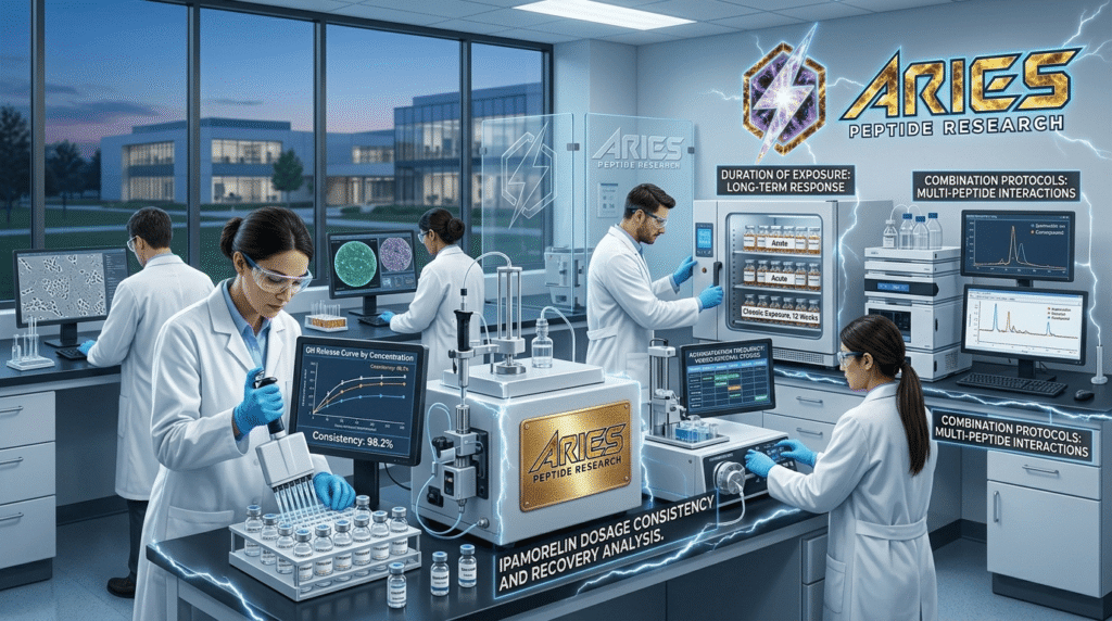 Aries Peptide Research lab with scientists analyzing Ipamorelin peptide dosage, recovery data, and research protocols