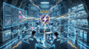 Aries Peptide Research" laboratory built inside a stone cavern. Scientists in white lab coats work at high-tech stations with 3D bioprinters and glowing transparent screens displaying