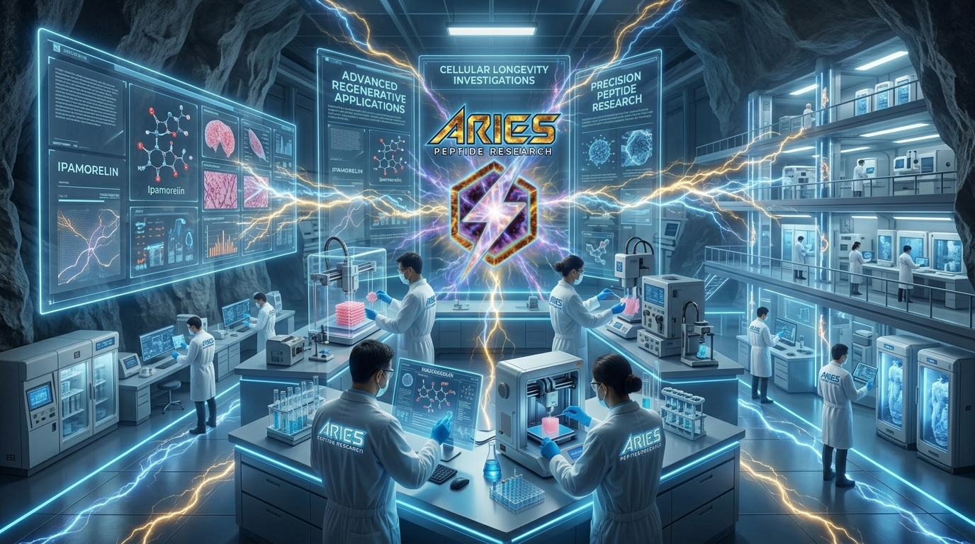 Aries Peptide Research" laboratory built inside a stone cavern. Scientists in white lab coats work at high-tech stations with 3D bioprinters and glowing transparent screens displaying