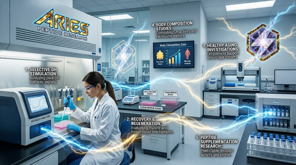 Ipamorelin peptide research lab showing Aries Peptide Research scientist studying GH stimulation, recovery, aging, and body composition data
