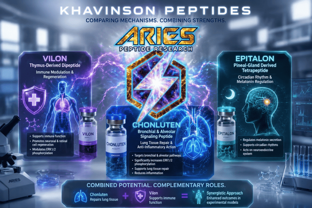 Futuristic infographic comparing Chonluten, Vilon, and Epitalon peptides, featuring the glowing Aries Peptide Research logo in a high-tech laboratory setting.