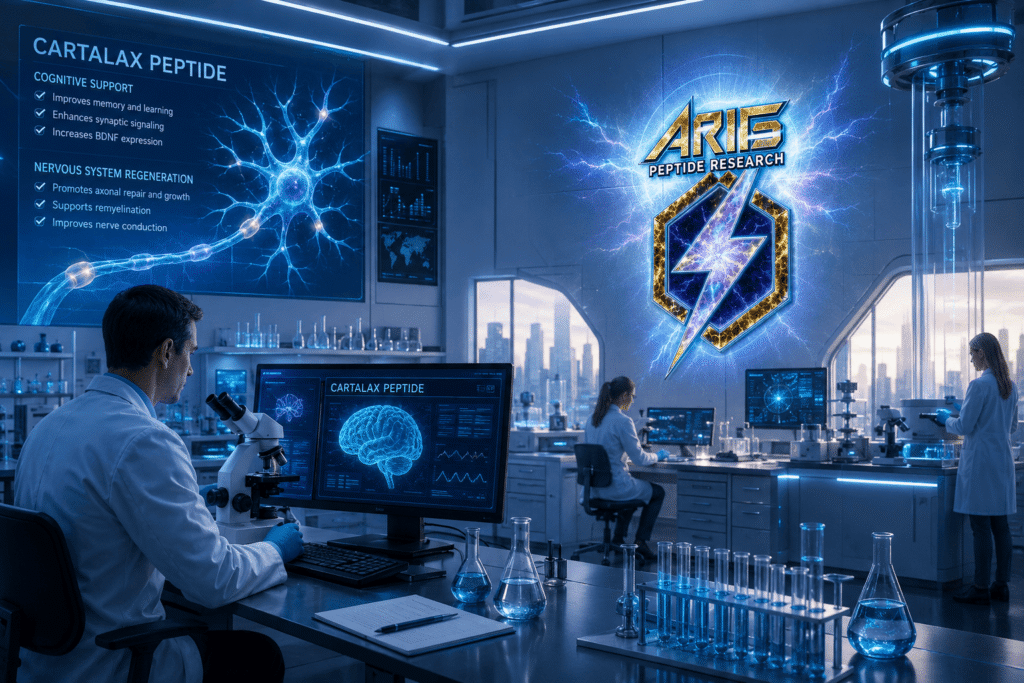 Futuristic neuroscience lab featuring Cartalax peptide research, glowing neuron graphics, scientists at work, and a highlighted ARIES Peptide Research logo.