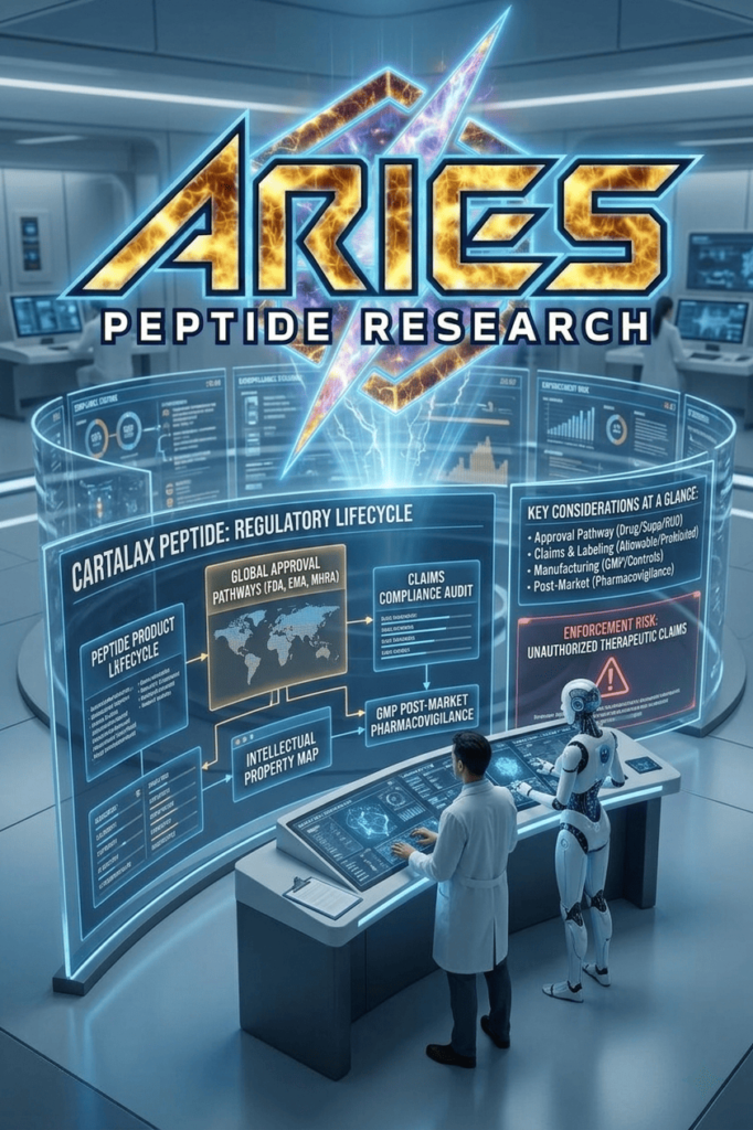 A futuristic biotech lab scene where a scientist and a robot analyze peptide regulatory lifecycle data on large holographic screens, with the stylized 'Aries Peptide Research' logo floating above.