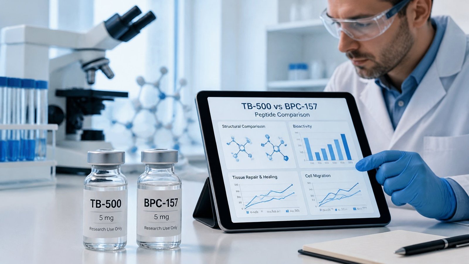 TB-500 vs BPC-157 research comparison with peptide vials, laboratory scientist, and in vitro study data
