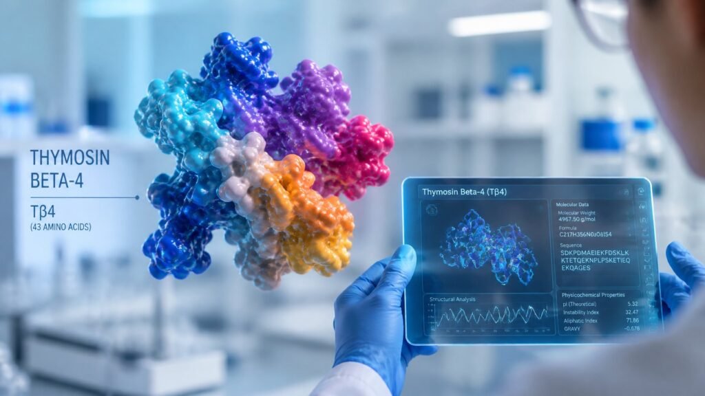 Thymosin beta 4 peptide structure and molecular data displayed during laboratory research