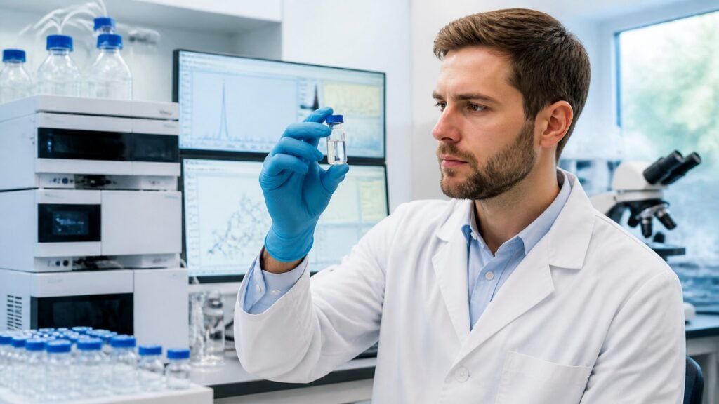 Research scientist inspecting a BPC-157 peptide vial beside HPLC equipment in a laboratory.