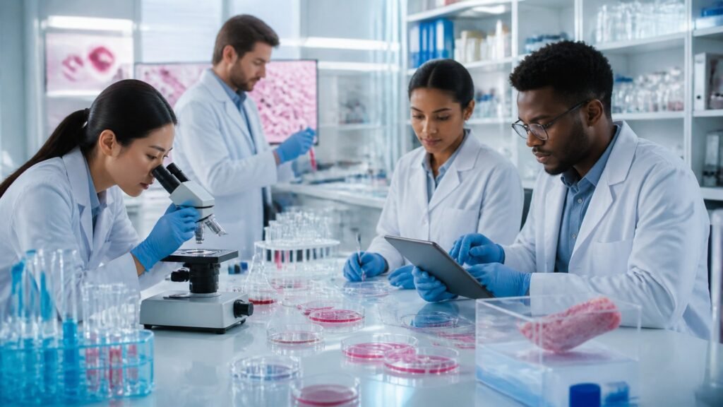 Laboratory researchers studying tissue samples during BPC-157 peptide research using microscopes and cell cultures.