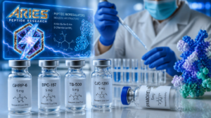 ARIES Peptide Research logo highlighted in a futuristic peptide bioregulators lab with natural peptide sources and molecular analysis.