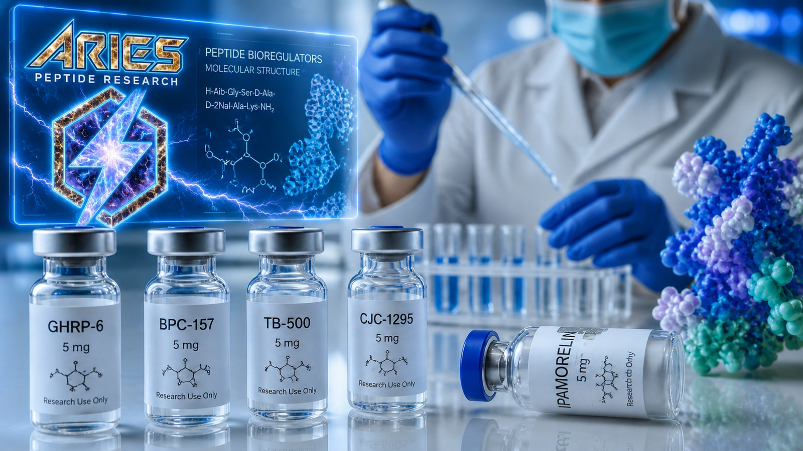 ARIES Peptide Research logo highlighted in a futuristic peptide bioregulators lab with natural peptide sources and molecular analysis.