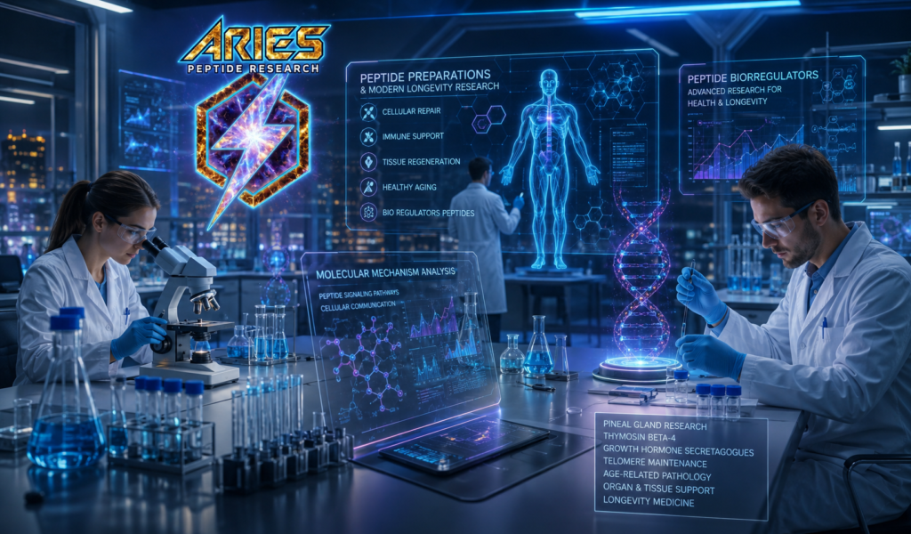 Futuristic biotech laboratory scene showing ARIES Peptide Research logo, scientists studying peptide preparations, DNA holograms, cellular repair visuals, and longevity research technology.