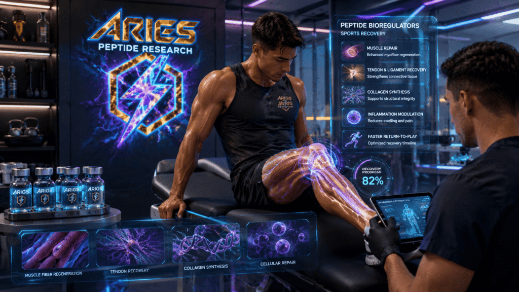 Futuristic sports recovery lab showing an athlete receiving advanced leg rehabilitation, with glowing muscle and tendon overlays, peptide bioregulator recovery panels, ARIGS Peptide Research branding, and blue-purple holographic medical technology.