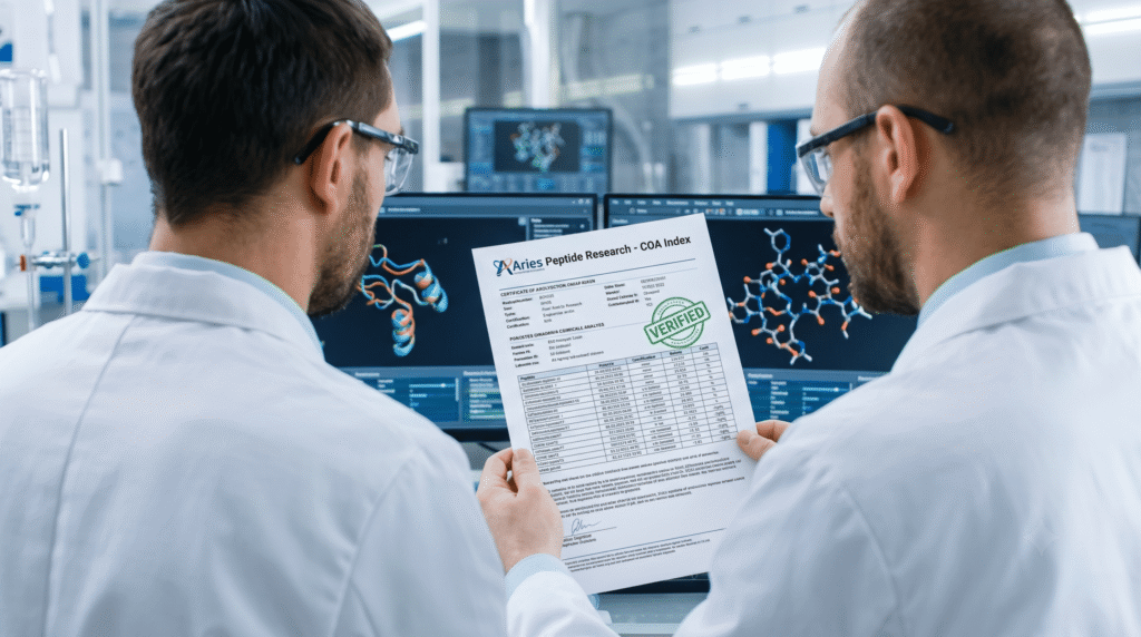 Reviewing a verified certificate of analysis peptide at Aries Peptide Research